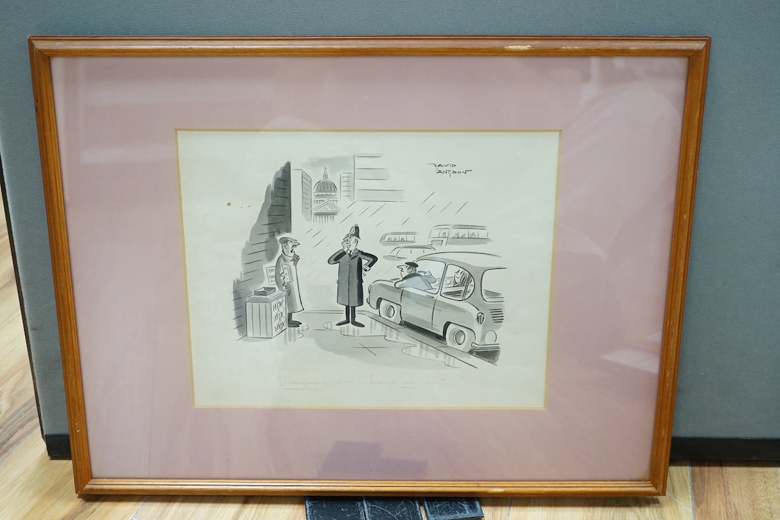 Five 1960's and 1970's original Punch cartoons, monochrome cartoons and caricatures for Punch Magazine to include David Langdon, London street scene and Hewison, Joyce Grenfell in a programme of monologues and songs, lar